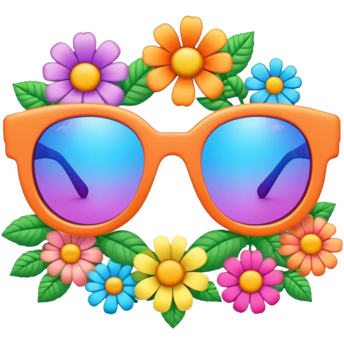 3D, psychedelic colored sunglasses with hippie style flower border emoji