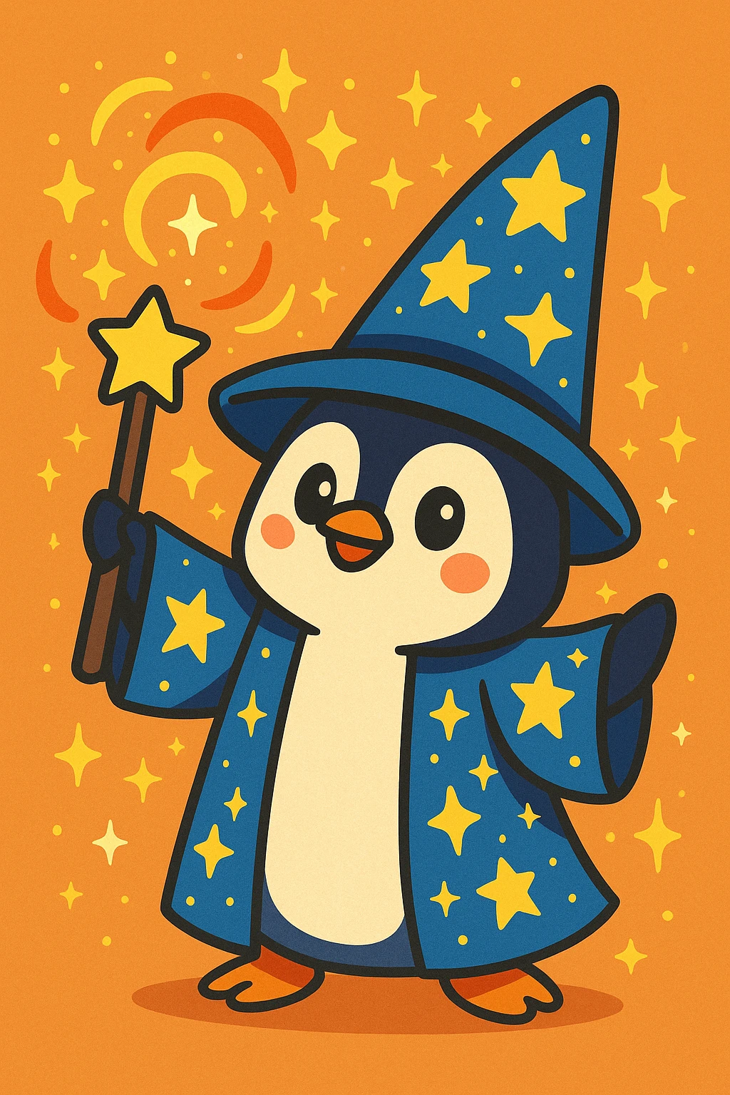a penguin wizard casting a spell, with sparkles and a starry robe, cute cartoon style emoji