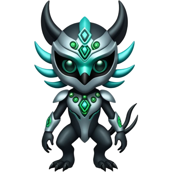 Silvery grey shiny alloy Cyber-Lombax-Fakémon-creature with dark black mask and shiny intricate green and turquoise circuitry markings (full body) emoji