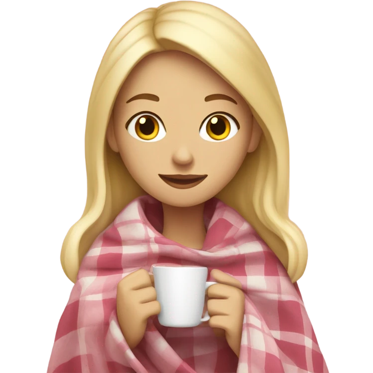 A blonde girl covered in a plaid light pink blanket sipping hot tea emoji