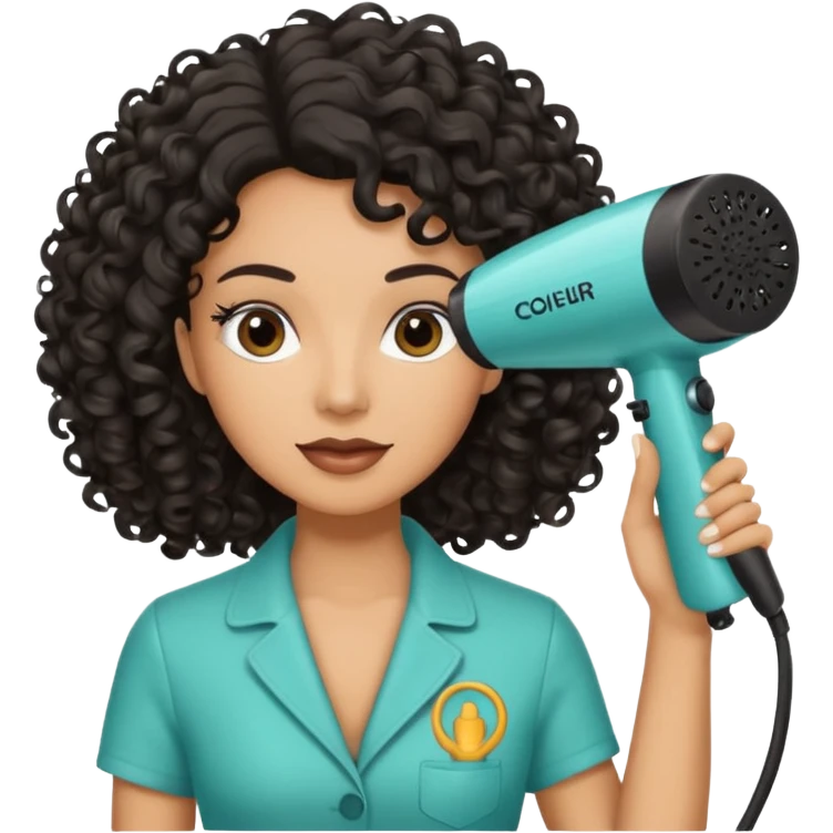 Parrucchiera con il phon in mano e la scritta coiffeur assunta capelli neri e ricci emoji