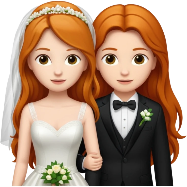 two girls getting married. one ginger with long hair in a BLACK SUIT. one DARK Haired brunette in a WEDDING dress emoji