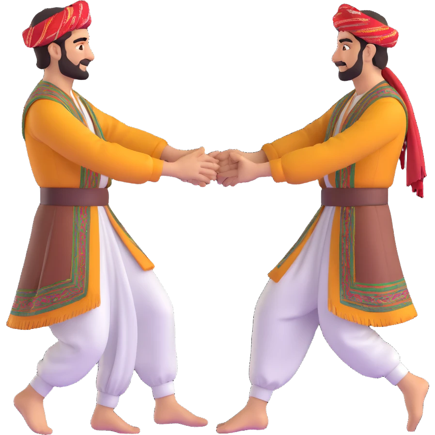 cartoon sticker of a group of Kurdish men in traditional clothing dancing Kurdish dance holding hands, colorful and joyful, no text, suitable for WhatsApp and Instagram emoji