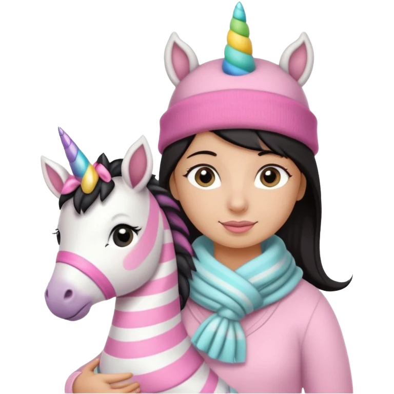 Una cebra bebé con una mamá unicornio abrigados, bufanda y gorro, estilo infantil muchos colores tonos pastel emoji