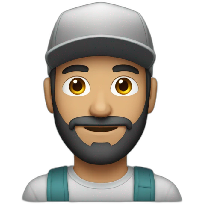 a Turkish man with a short beard and a snapback hat holding a big grey cat emoji