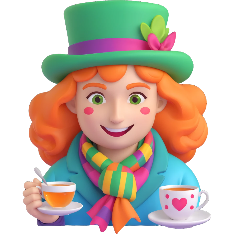 Mad Hatter from Alice in Wonderland, expressive face with a green hat, colorful scarf, and tea party elements, lively and imaginative style, stylized as an emoji emoji