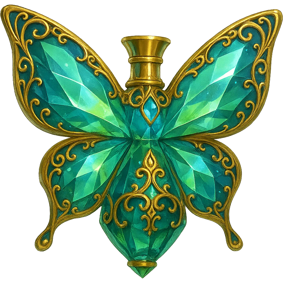very close to original: crystal butterfly-shaped bottle with short gold neck (no crown), green and blue colors, more facets, glowing, ornaments, decorations, golden details, magical effects, premium class, transparent background, bottle clearly flying in the air, no base or shadow. emoji