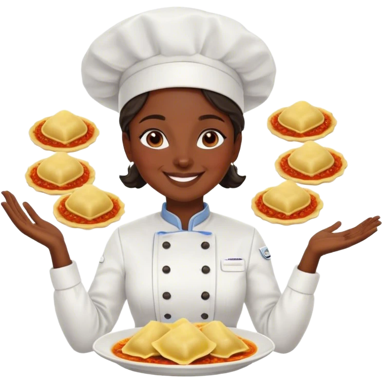 dark skin female chef surrounded by ravioli emoji