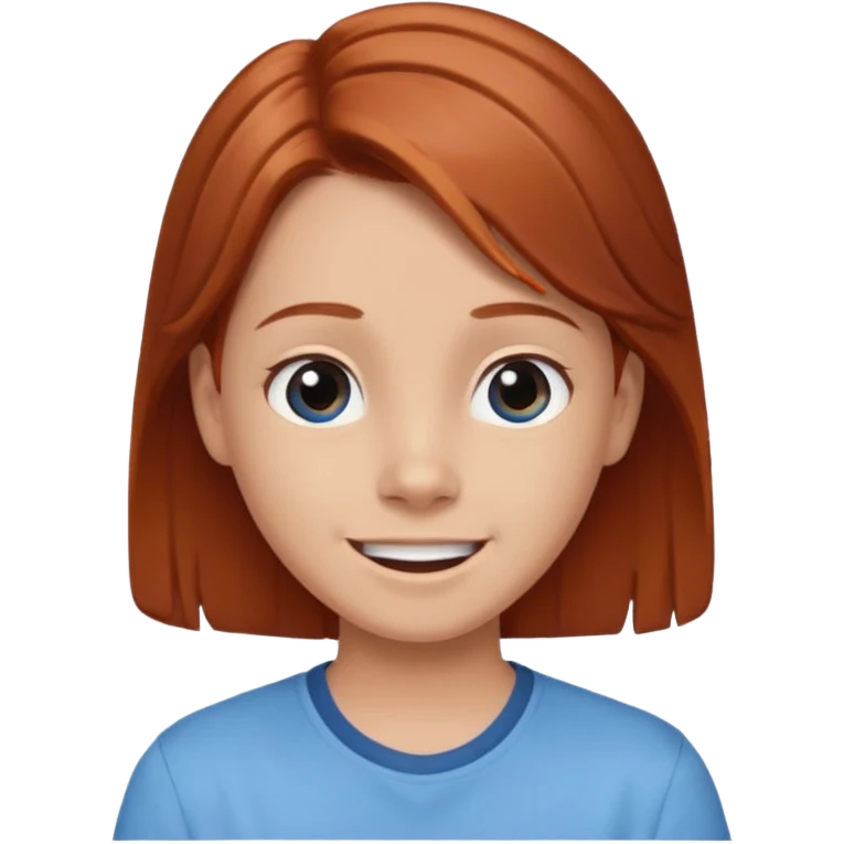 shrugging happy emoji tween long auburn hair light blue shirt with a darker blue L emoji
