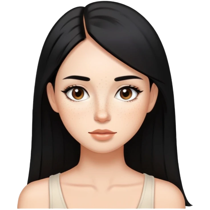 woman with silky straight black hair, subtle makeup, and cute freckles emoji