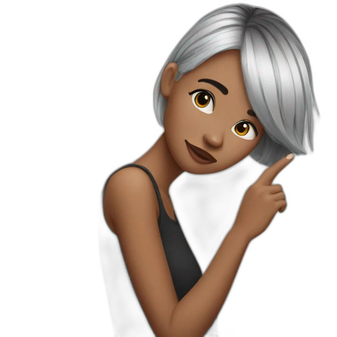 A girl with black and white hair puts her finger on her head emoji