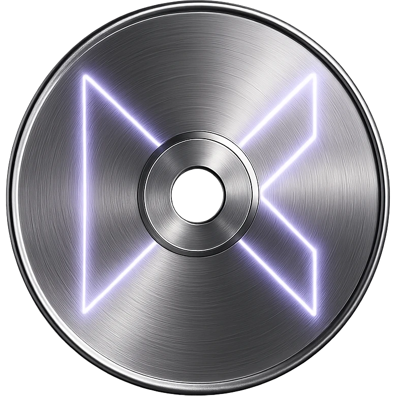 A minimalist CD disc with geometric pattern, glowing effect, purple color, chrome style. emoji