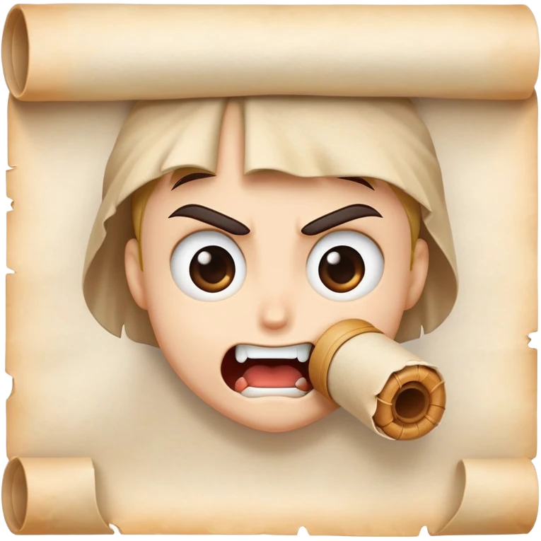 determined cartoon face biting on a small parchment scroll, anime-inspired style emoji