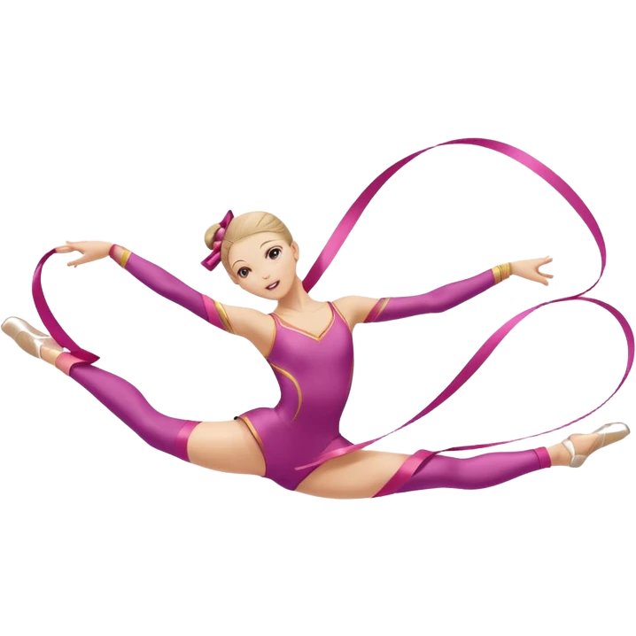 A graceful rhythmic gymnast performing with a flowing ribbon, executing an elegant leap mid-air. The pose exudes flexibility, balance, and artistry. The background suggests a competition arena with soft lighting, emphasizing movement, precision, and the beauty of the sport. emoji