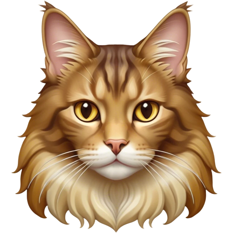 Cinematic Maine Coon Cat Portrait Emoji, Elegant and alert, sleek brown, gold, and cream tones, Simplified yet sharp features, highly detailed, glowing with a warm, confident glow, high shine, intelligent and poised, stylized with an air of grace, focused and attentive, soft glowing outline, capturing the essence of strength and grace, so lifelike it feels as though it could spring into motion with its majestic tail swishing at any moment! emoji