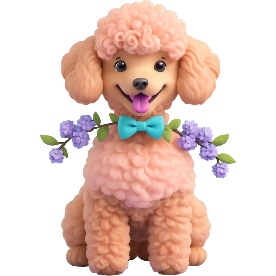 Peach-colored poodle with a narrow, short-haired face, hairstyle like Artemone. Long fluffy ears, each with a thin braid tied with a pink bow at the end. Happy face, smiling. A lilac branch in the mouth. emoji