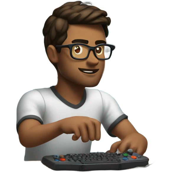 brunette man with glasses playing video games three screens emoji