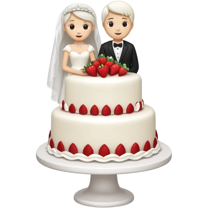white cake with strawberries and a small bride and groom cake topper emoji