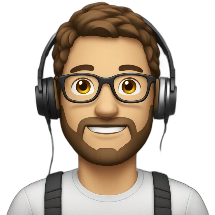 man with glasses and brown hair and a small beard with headphone emoji