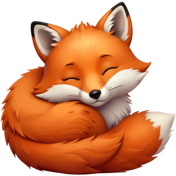 Cinematic cute sleepy fox, curled into a cozy fluffy ball, warm glowing fur, tiny black nose resting on its tail, soft breathing visible, peaceful and charming. emoji