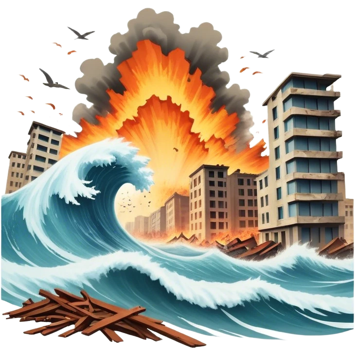 A vintage movie poster-style design with a dramatic scene of a natural disaster like an earthquake, tornado, or tsunami. Include crumbling buildings, flying debris, and fiery explosions. The background should be chaotic, with a cinematic, apocalyptic vibe. Transparent background. emoji