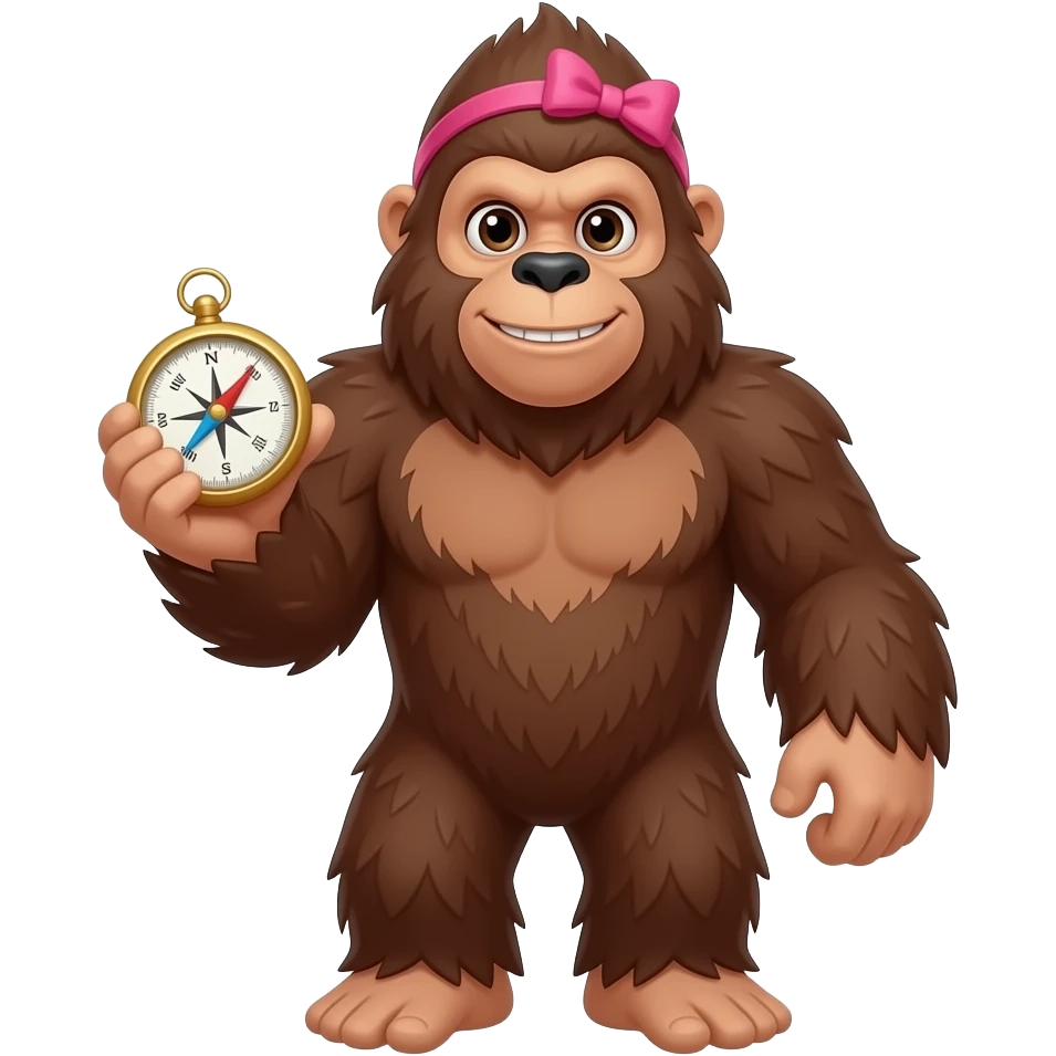 Full body walking sasquatch with pink bow in hair holding a compass in 1 hand and nothing in the other emoji