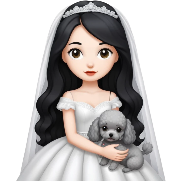A beautiful girl with long black hair in a wedding dress holds a small gray poodle emoji