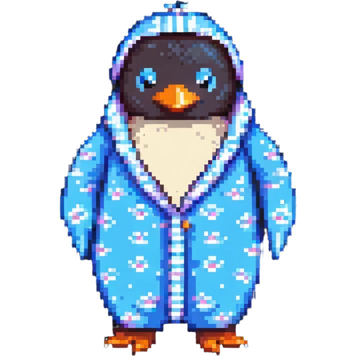 two penguins having a pajama party, pixel art style, cute and cozy emoji