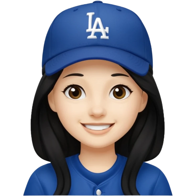 Can you make an emoji of a girl with fair skin with black long hair wearing an LA dodger hat. Only include her face no neck.  emoji