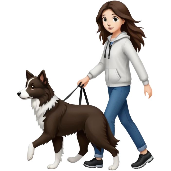 A beautiful girl with long brown hair walks a black and white Border Collie emoji