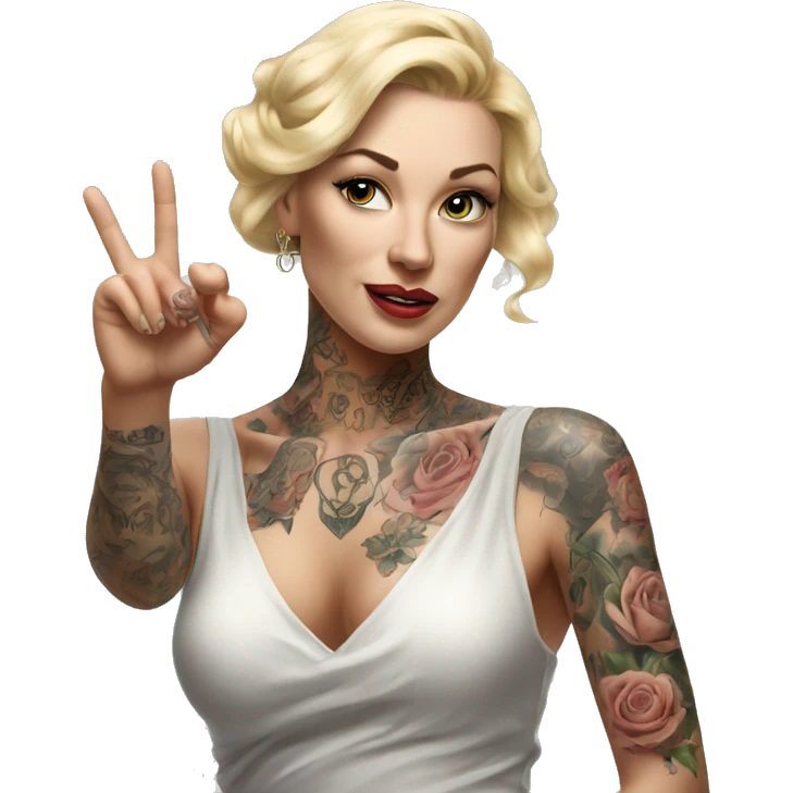 Blonde elegant women, her Body Covered with Tattoos, POINTING YOU with her HAND , Hyper realistic emoji