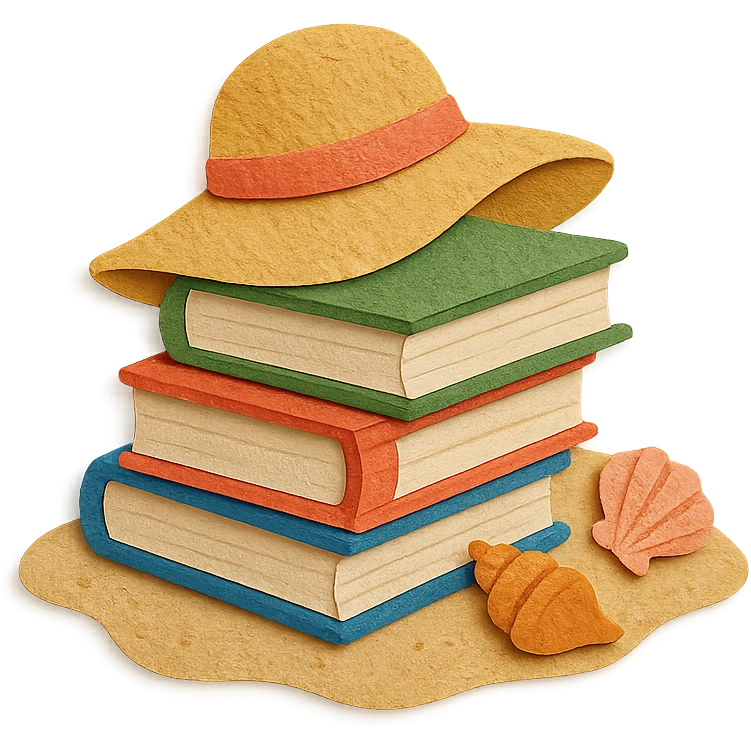 illustration of a stack of books on a sandy beach, with seashells and a sun hat, paper-craft style emoji