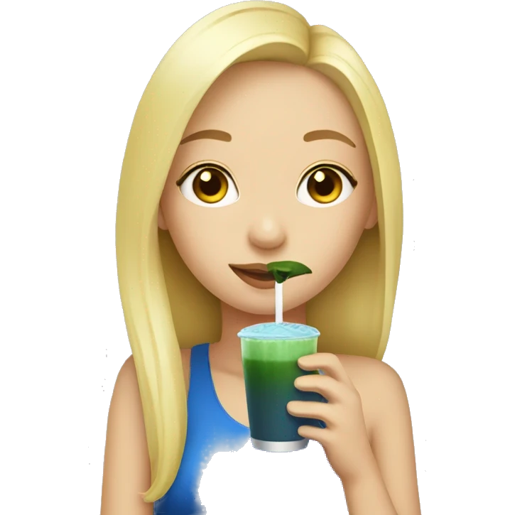 Blonde girl drinking a blue matcha emoji
