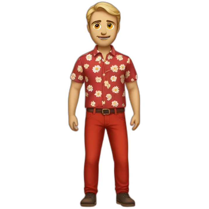 white man dark hairs flower shirt red pant emoji