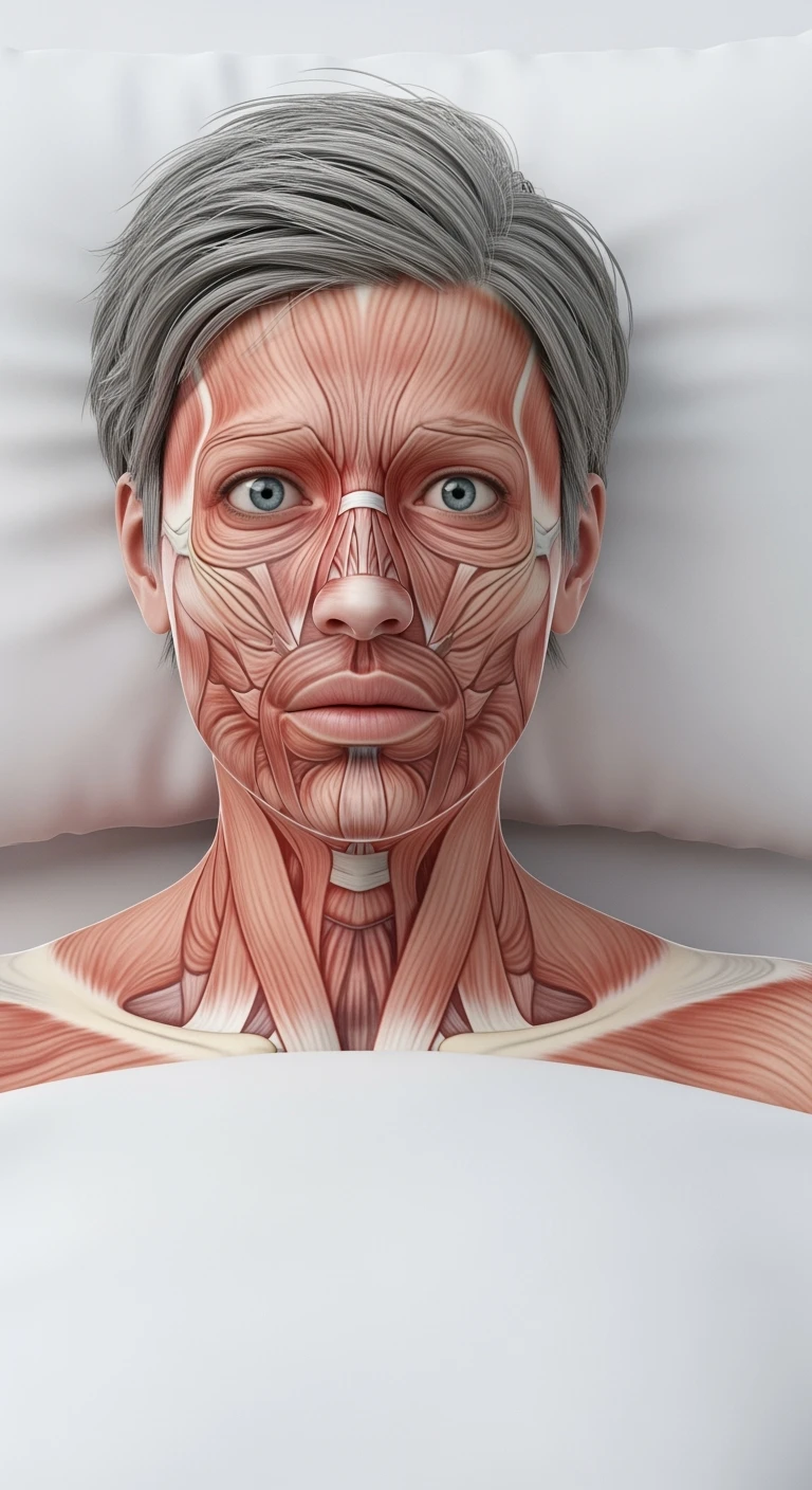 corpo umano anatomico realistico con la testa poggiata sul cuscino ma gli occhi aperti perché non riesce a dormire, visto dall'alto, sfondo bianco
IPERREALISTICO 4K emoji
