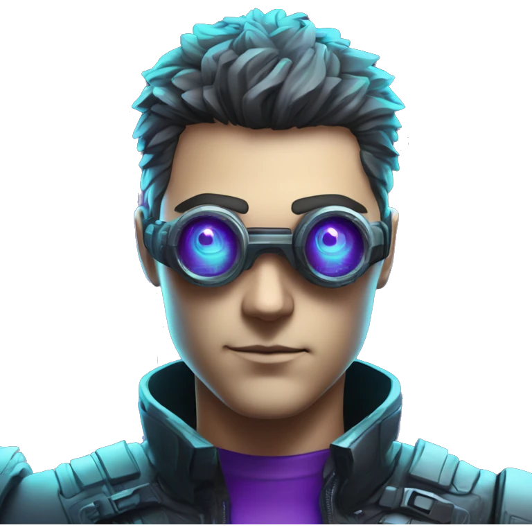 Secret human agent with  cyberpunk elements with a spyglass scanning looking reviewing multicolor lines of code, cyan and purple colors, only upper body portrait emoji