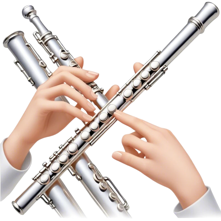 Cinematic Realistic Flute, polished silver metal with precise keywork, soft reflections of warm light dancing along its length, a musician’s delicate fingers pressing the keys, glowing with a sleek and elegant charm. emoji
