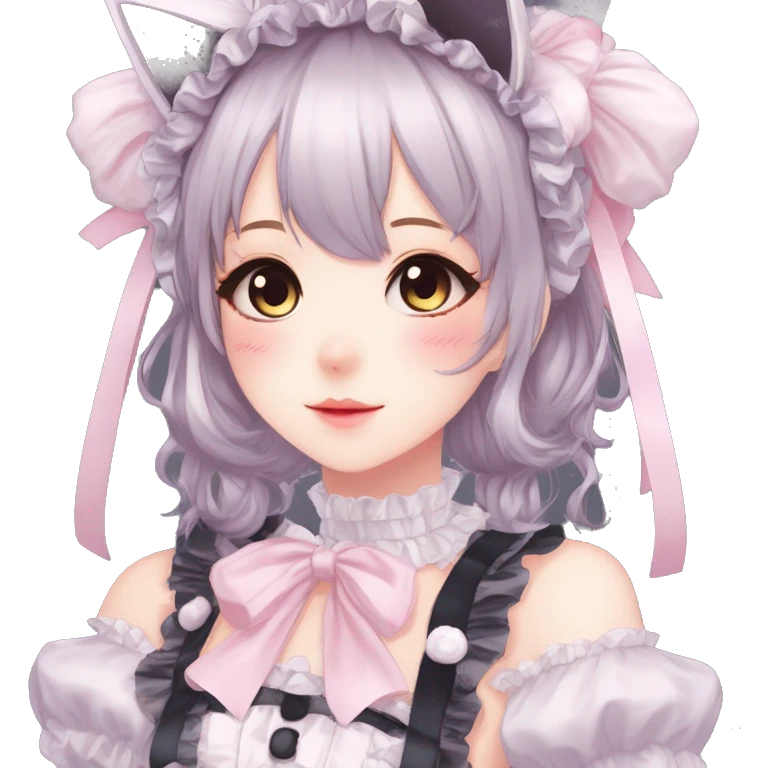 Gorgeous gothic Lolita anime style catgirl with blushing face with maid outfit laces headdress idol model kawaiicore pastelcore cottagecore pearly petite simplistic aesthetic trending style emoji