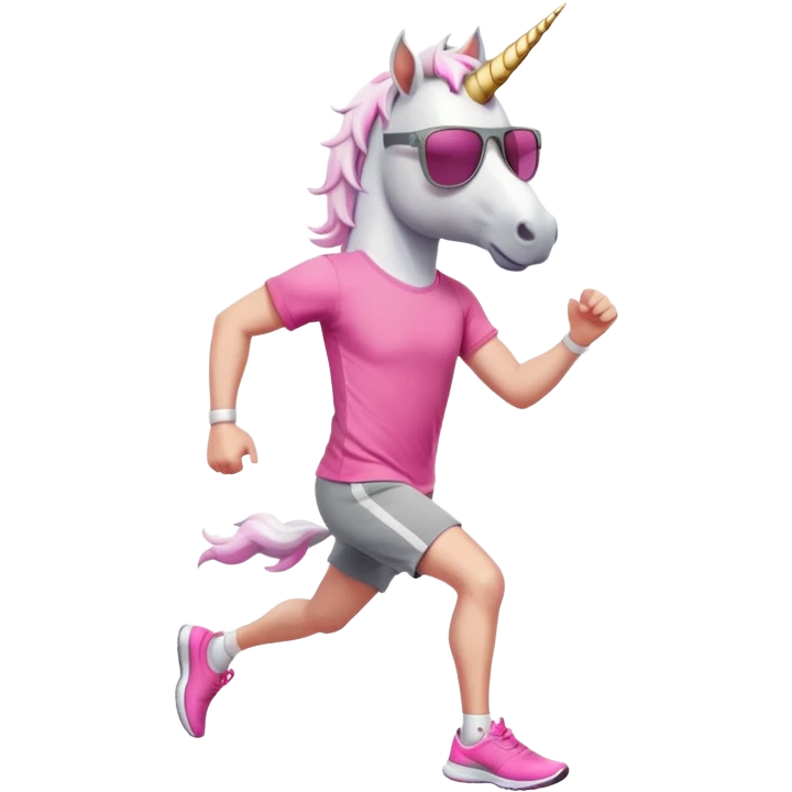 friendly anthropomorphised male white unicorn in grey shorts and pink t-shirt, wearing dark sunglasses, jogging upright in a standard pose emoji