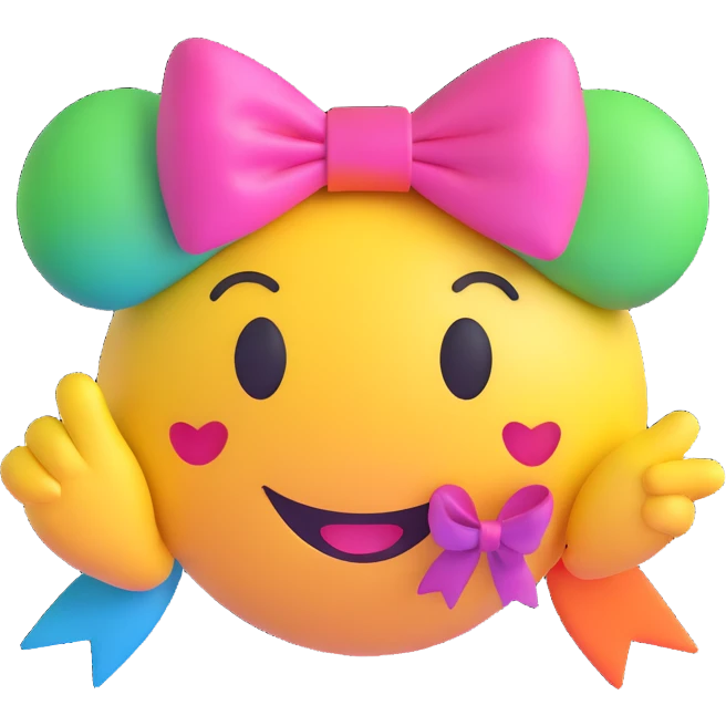 3D smiley emoji, large eyelashes, girly, colorful bow, laughing emoji