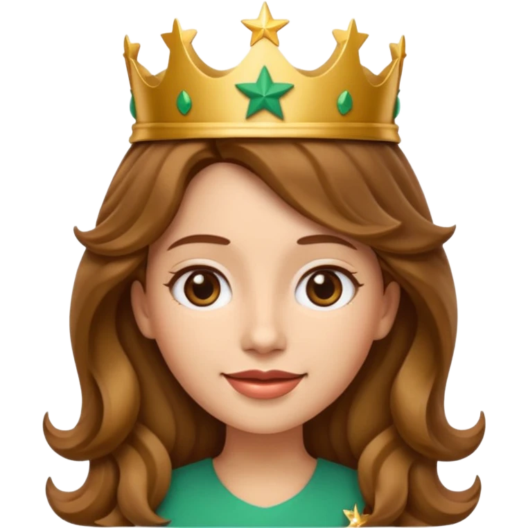 Apple style 3D emoji of a young woman inspired by the Starbucks logo. She has long wavy hair on both sides, a crown with a star on her head, and a soft smile. Smooth, shiny, simple emoji look. emoji