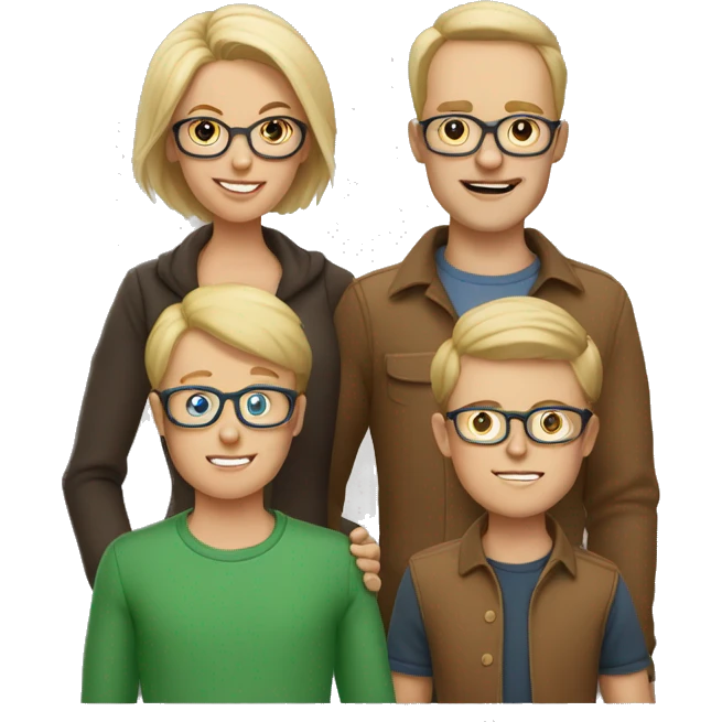 white family that consists of father (blond hair and glasses), mother (brown hair and glasses) and 3 boys (all of them with blond hair) emoji