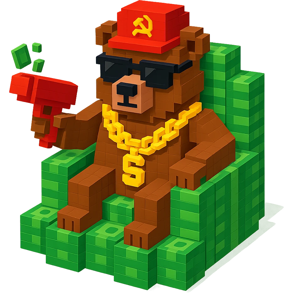 Russian grizzly bear with a rapper chain and a money gun, sitting on a throne of cash emoji