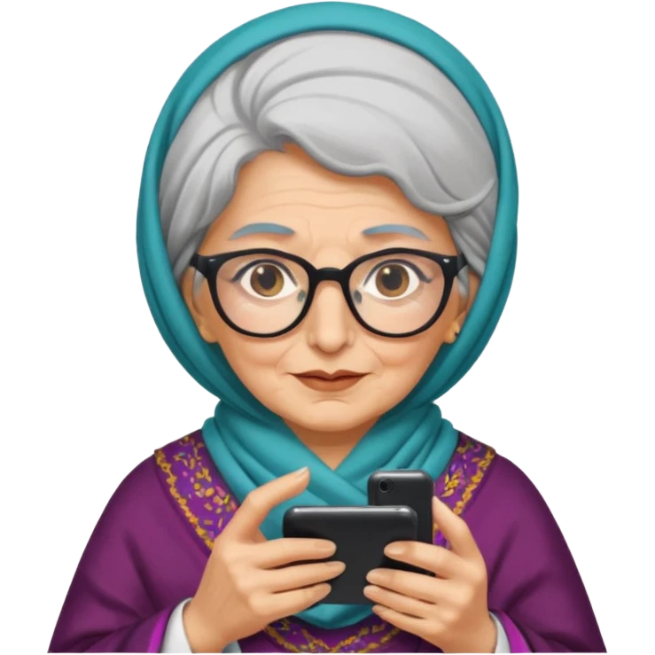persian old woman Persian shawl with smartphone and glasses, half body emoji