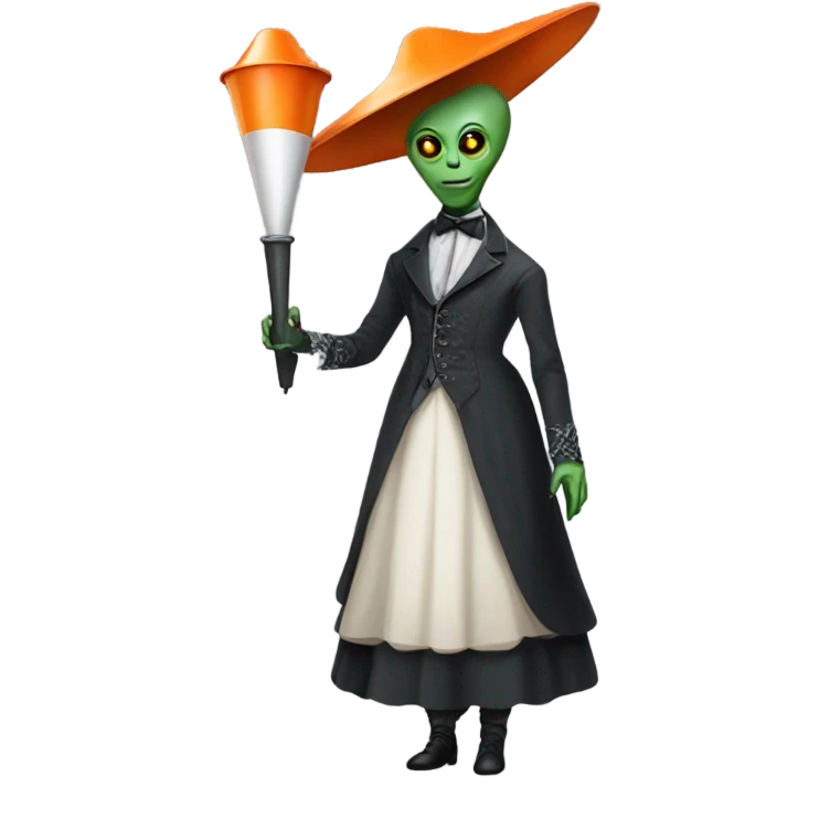 alien galora in Victorian dress elegant, full body, holding big traffic cone emoji