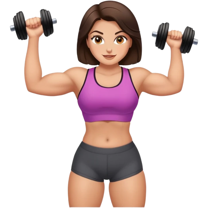 Strong gym girl, thick thighs, makeup, brunette, grey eyes, happy emoji