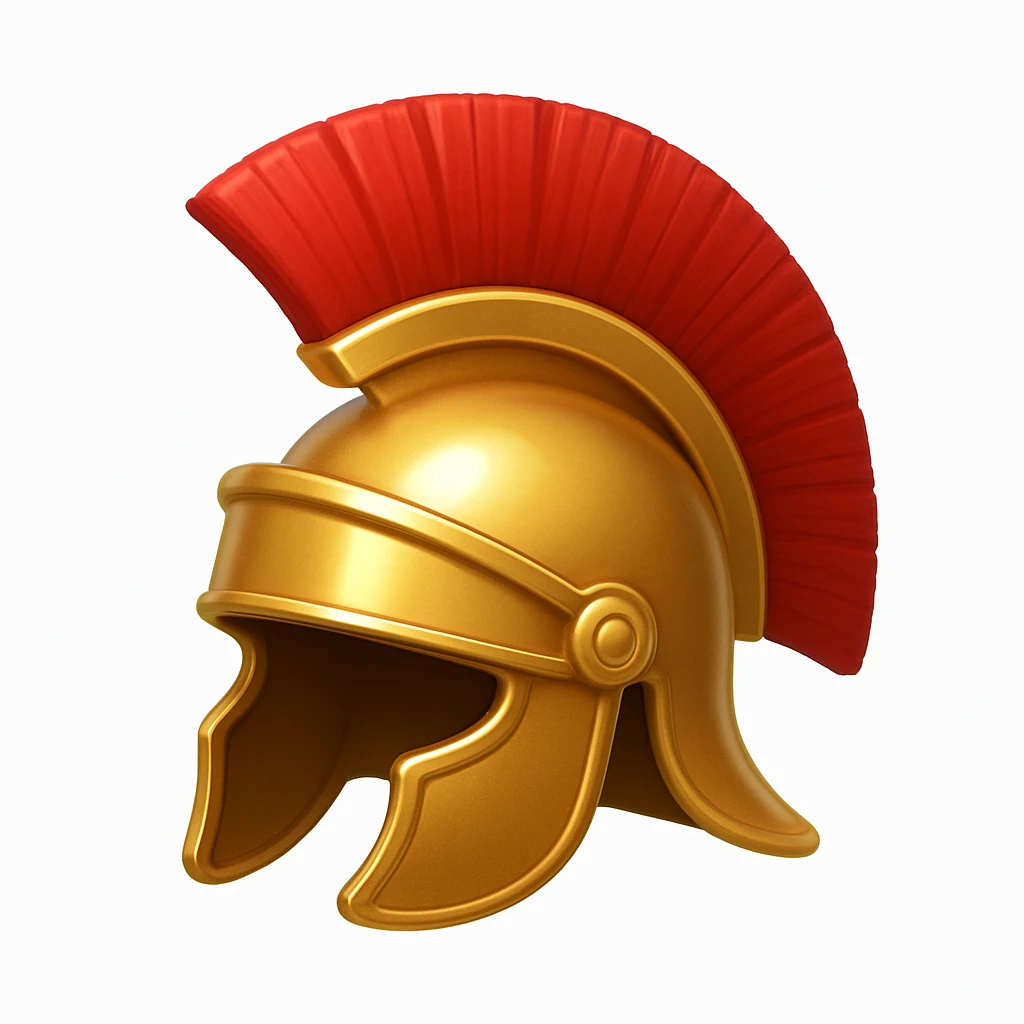 Make a helmet emoji exactly like the helmet in the reference image, in iOS emoji style. Roman helmet, gold with red crest, shiny and smooth. Add a subtle highlight. emoji