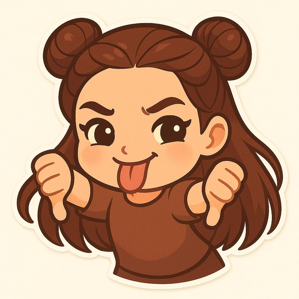 Create a chibi sticker of the girl with double bun hairstyle, giving a thumbs down with both hands, sticking out her tongue, body leaning forward, playful and cheeky, same face and clothes as before. emoji