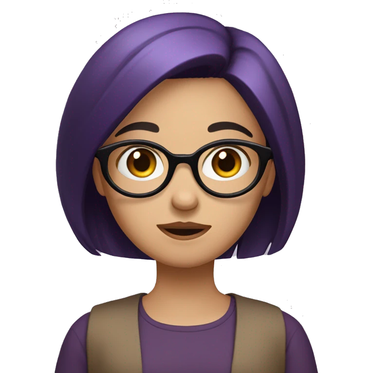 Girl shrugging emoji with purple-black hair, brown eyes, big circle frame black glasses, brown shirt  emoji