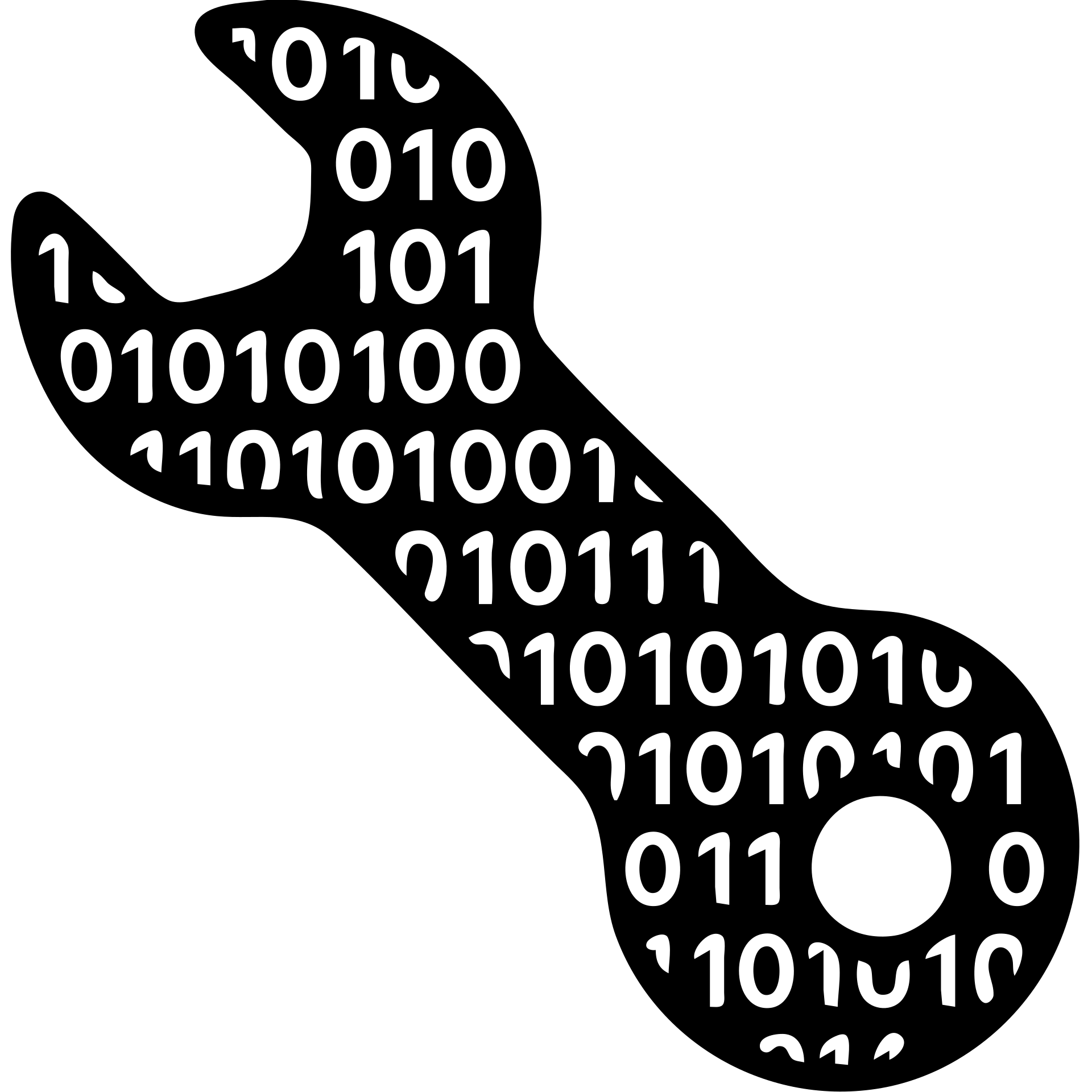 A solid wrench silhouette filled with binary code pattern, 0s and 1s visible inside the tool shape emoji